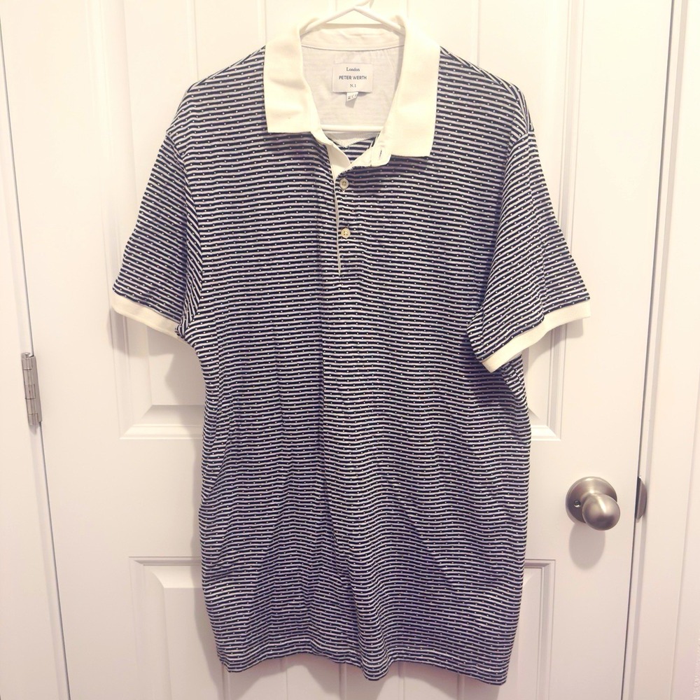 Peter Werth N.1 Elmworth Men's Navy White Striped Cotton Knit Polo size L